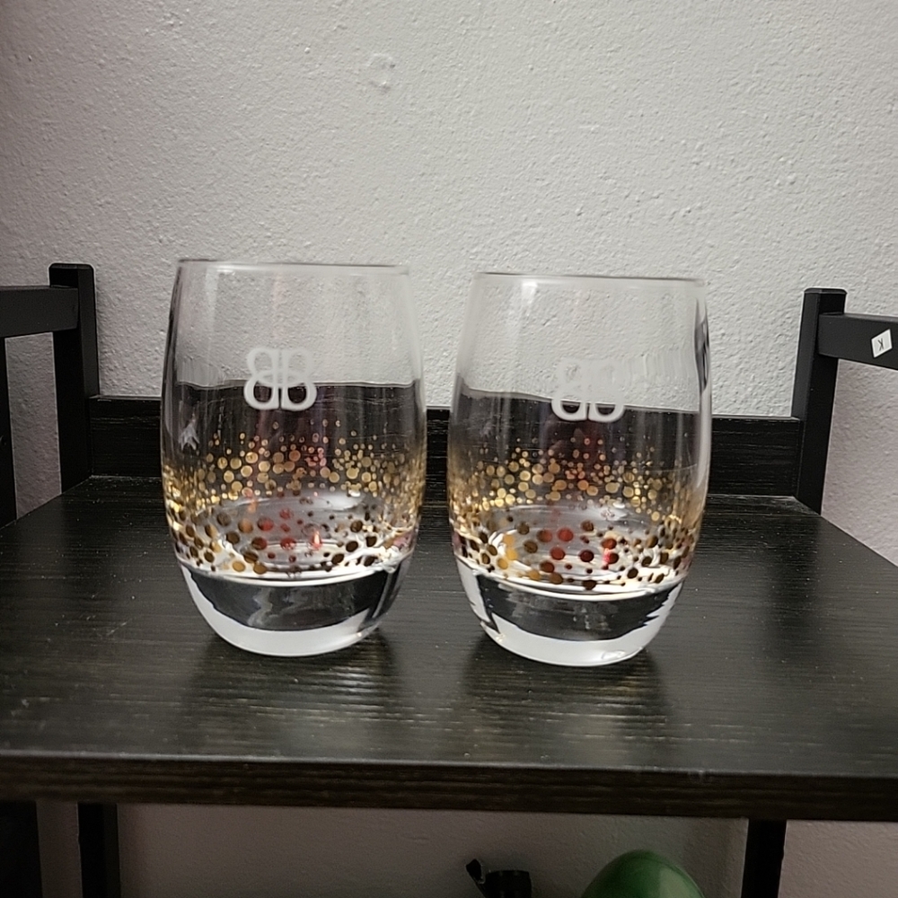 Pair Of Baileys Clear Heavy Base Rocks Glass Gold Spots Etched Logo